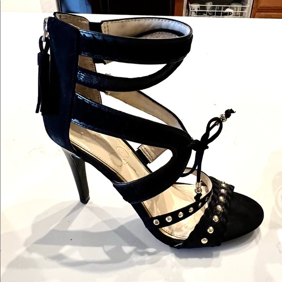Strappy black dress sandal w/ gold studs and fringe ties by Jessica Simpson. - Picture 3 of 7